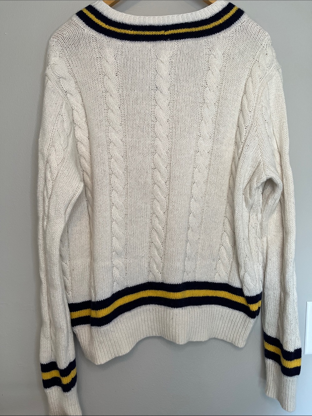 Polo by Ralph Lauren Cream Cricket Cable-Knit V-Neck Sweater with Navy & Yellow - Picture 8 of 17